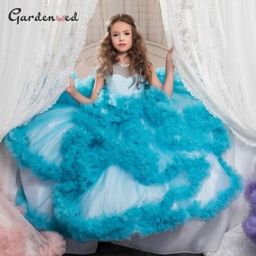 Tulle Flower Layers Girl Pageant Dresses Backless Pearls Satin Belt Flower Girl Dress Puffy Kids Ball Gown Little Bride Dresses