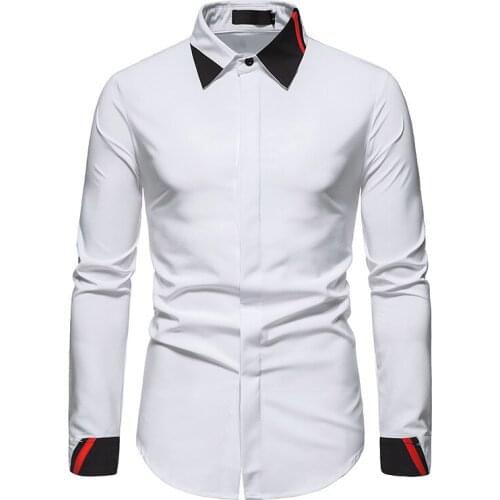 Mens White Long Sleeve Dress Shirts Hipster Hit Color Slim Fit Button Up Shirt Men Formal Business Casual Social Shirt Male XXL