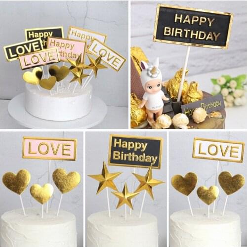 Happy Birthday Cake Toppers Decorations Five-pointed Star Love Square Three-dimensional Toppers Wedding Cupcake Baking Supplies