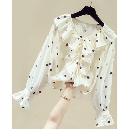 Long Sleeve Ruffles V-Neck Dot Chiffon Blouse Shirt Tops Blouse Women Blusas Mujer De Moda 2021 Women Tops And Bloues Blusa D748