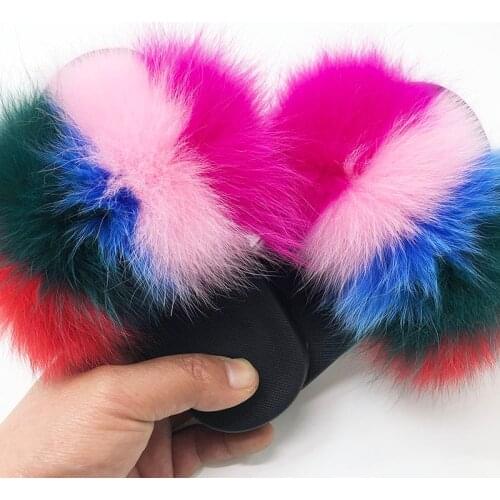 Beautiful Girl Fox Fur Slippers Children Summer Beach Slippers kids Plush Fluffy slippers Child Furry Slides 25-35 Fur Sandals