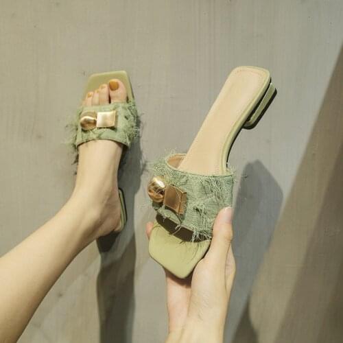 2021 women slippers Ladies Slippers Square Toe Rhinestone Flat Bottom Slides Riband Bling Casual Beach Shoes Slippers