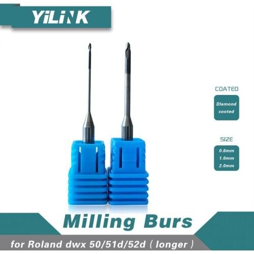 2pieces coated/diamond coated milling burs for Roland dwx 50/51/52（longer） dental cad cam milling cutter 0.6mm/1.0mm/2.0mm