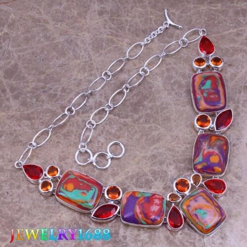 Unique Multicolor Natural Stone Red Garnet Silver Plated Grade Necklace L490