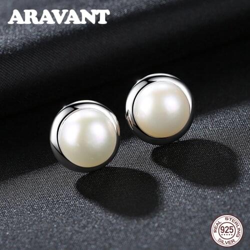 Freshwater Water White Pearl Round Stud Earrings 925 Sterling Silver Earring For Women Fine Jewelry