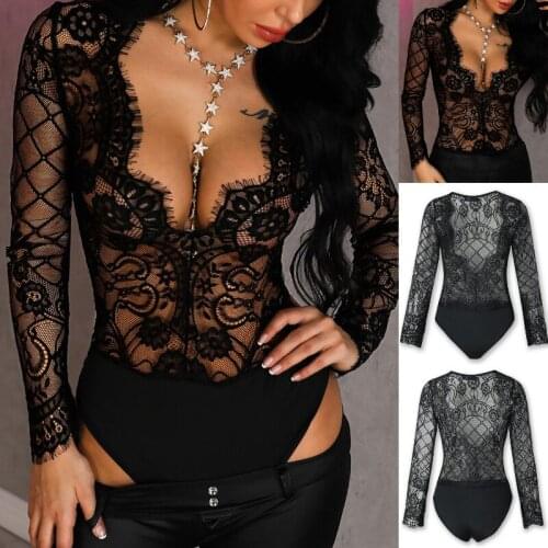 Women Black Sexy Jumpsuit See-through Long Sleeve Deep V-neck One-piece S/ L/ XXL