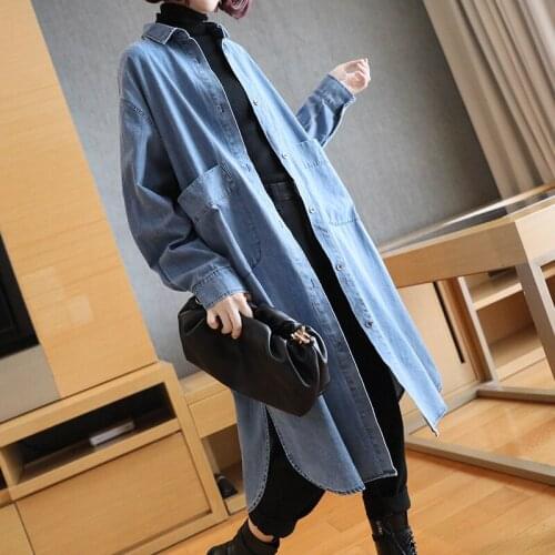 Women Ins Long Denim Trench Coat LooseJeans Bomber Coats Women Singer Breasted Black Blue Casual Coats Jeans Windbreaker Coats