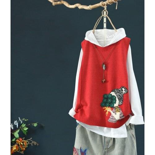Womens Vest Cartoon Embroidery Autumn New Vest Women O-Neck Knitted 2021 Elegant Waistcoat Mory Girl Sweater Japanese Harajuku