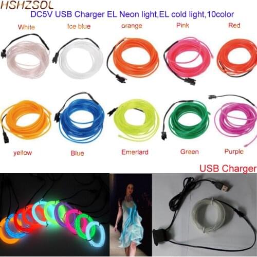 5V USB charger 2-5m Scene lights 10 Colors EL Wire Tube Rope Flexible Neon light Cold Light Car Party Wedding Decor With Control