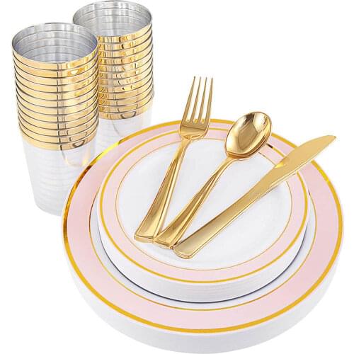 60 Pcs Disposable Tableware Pink Green Plastic Plate Gold Cup Silverware SetWedding Baptism Party Table Decoration Supplies