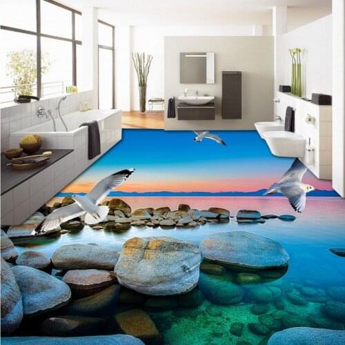 Free Shipping Beautiful sunset seaside stone seagull flooring wallpaper living room balcony decorative waterproof floor mural