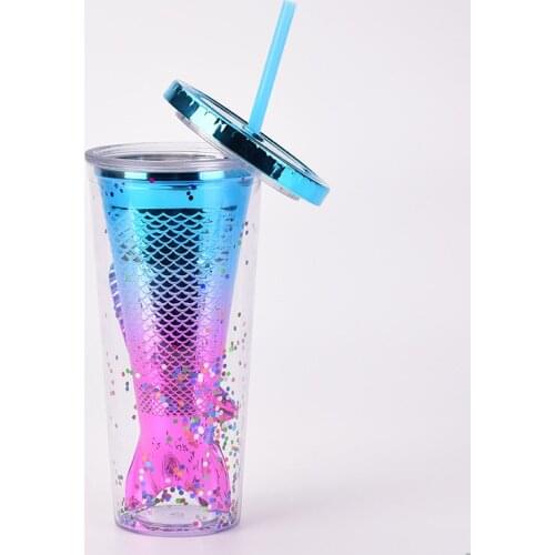 350ml Double-layer Plastic Straw Cup Creative Gradient Mermaid Tail Electroplating Drink Cup Colorful Cute Juice Sequin Cup