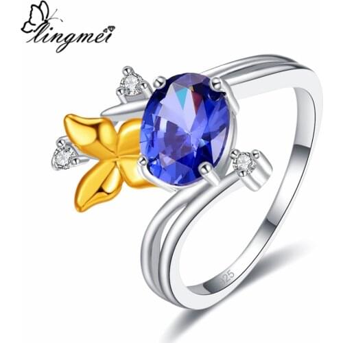 Lingmei Butterfly Fashion New Jewelry Oval Cut Blue & White & Red Zircon Silver Color Ring For Women Gorgeous Size 6 7 8 9