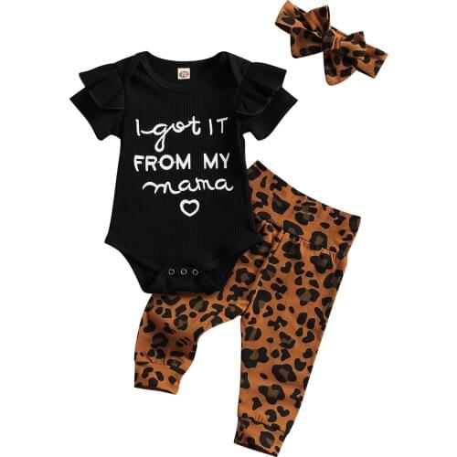 3pcs Baby Clothing Letter Short Sleeve Romper Top Leopard Pants Headband Outfit Toddler Kids Girl Clothing Summer Set