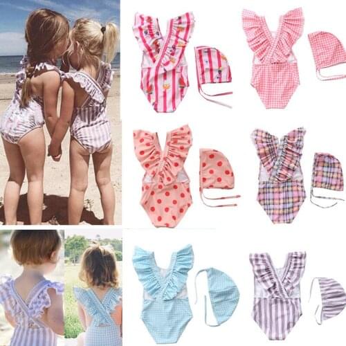 Baby Girls Swimsuit Ruffles Plaid Ins Fashion Cross Back Swimwear Clothing Toddler Girls Beach Swimwear Lovely Dots Kids Clothes