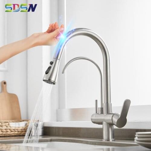 Brushed Touch Kitchen Faucets SDSN Hot Cold Pull Out Kitchen Mixer Tap Rainfall Filter Kitchen Faucet Smart Touch Kitchen Faucet