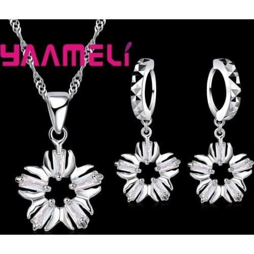 Trendy Flower Shape White Opal Zircon Crystal Bridal Jewelry Sets For Women Lady 925 Sterling Silver Necklaces Earrings