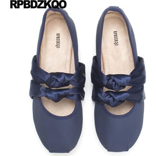 Slip On Shoes Navy Blue Ladies Bow Mary Jane Cute Kawaii Square Toe Ballerina Silk Designer Satin Pink Soft Ballet Flats Women