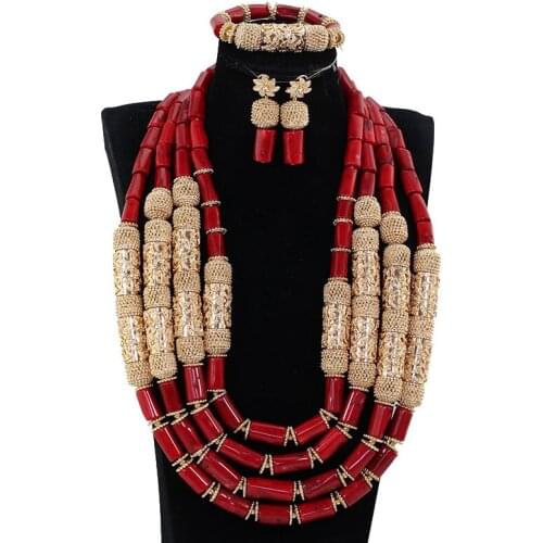 Luxury Wine Red Coral African Wedding Beads Jewelry Set Charms 4 Layers Real Coral Bead Statement Necklace Set for Brides CNR609