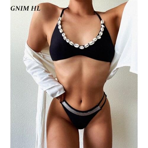 Sexy Solid Black Bathing Suit Women Two Piece Bandage Backless Bikini Swimwear Beachwear 2020 Summer High Cut Brazilian Swimsuit