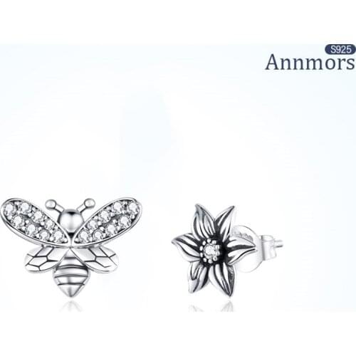 Annmors Asymmetry 925 Sterling Silver Butterfly Flower Stud Earrings CZ Zircon Korean Fine Jewelry for Women Girls Retro Earring