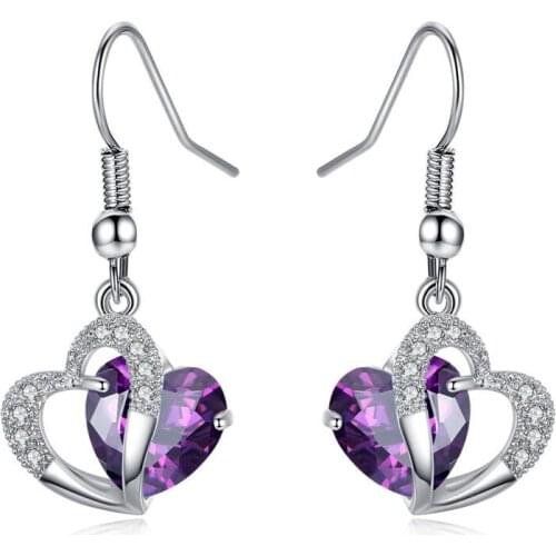 1 pairs copper material two heart shape drop earrings setting cubic zirconia dangle Earrings for women