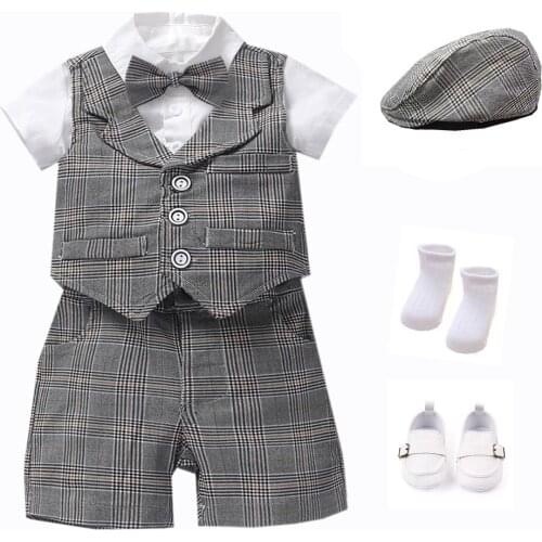 Baby Boy Shorts Clothing Set Handsome Bow Suit Newborn 1th Birthday Gift Hat Cotton Palid Vest Infant Children Outfit Clothes