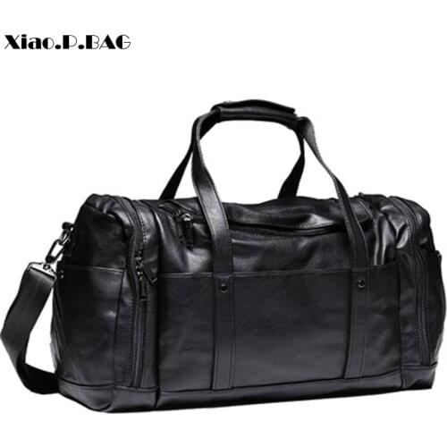 Men Finely Processed Large Capacity Black PU Leather Handbags Luggage Bags Travel Duffle Bags Gym Bags Single Shoulder Bags
