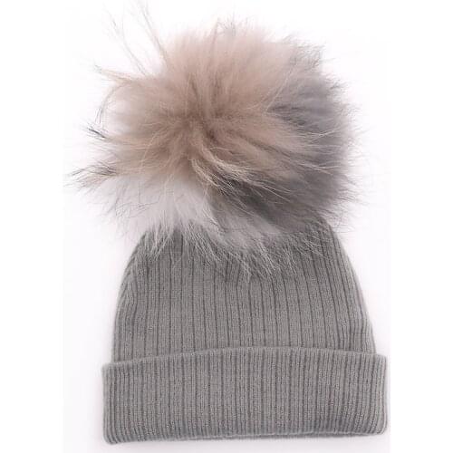 Baby Girls Warm Striped Knitted Beanies hats With Real Fur Pompom Winter Kids Boys Toddler Fur Ball Hats New born Accessories