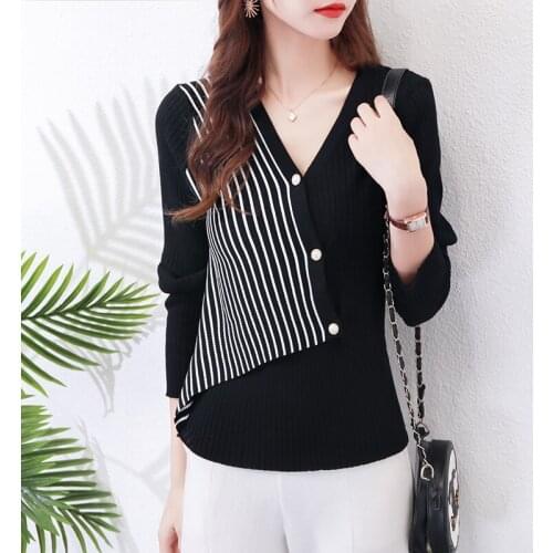 TuangBiang 2021 Patchwork Beading Button Striped Pullover Asymmetric V-Neck Long Sleeve Knitted T-Shirt Elastic Feminine Jumper
