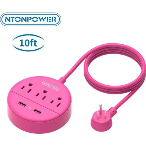 NTONPOWER Power Strip US Flat Plug Charging Station Pink With 10ft Extension Cable For Travel Cruise Ships Business Trip Hotels