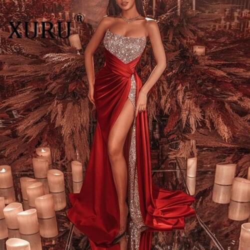 XURU Split Sequin Dress Long Tube Top Cathedral Dress 2021 European and American Summer New Womens Dress