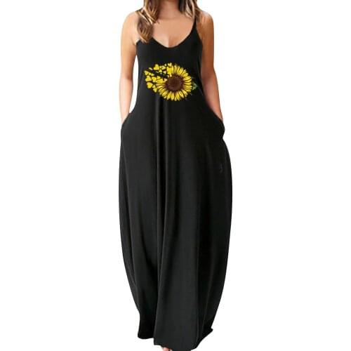 Maxi Dresses For Women 2021 Women Large Size Sunflower Print Sexy Deep V Sling Long Beach Dress Vestidos De Mujer Casual
