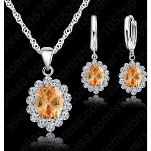 High Quality 925 Sterling Silver Necklace /Drop Earrings 6 Colors Cubic Zirconia Wedding Jewelry Set For Women