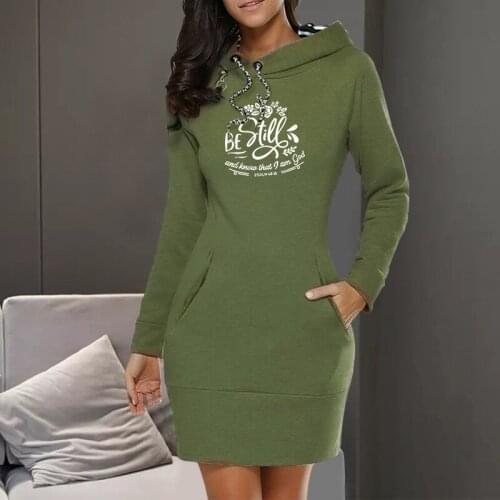 Woman Sweatshirt Dress Long Sleeve Solid Color Print Pullover Hoodie Solid Hooded Pockets Dresses All-Match Female Clothing