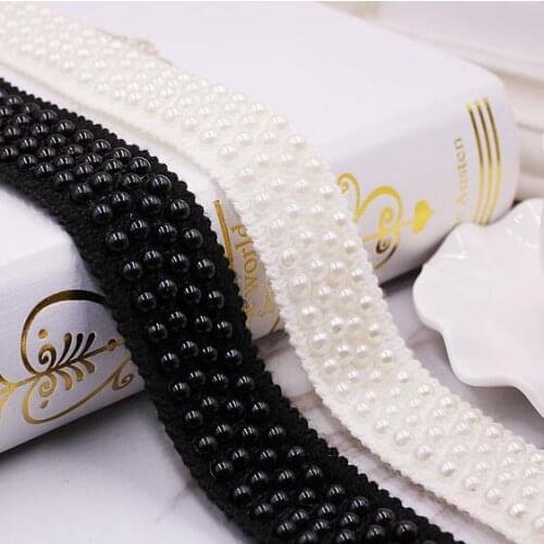 10Yards Handmade Ivory Black Beads Lace Pearl Mesh Ribbon Trims Applique Sewing Accessories Crafts For Clothes Wedding Dress