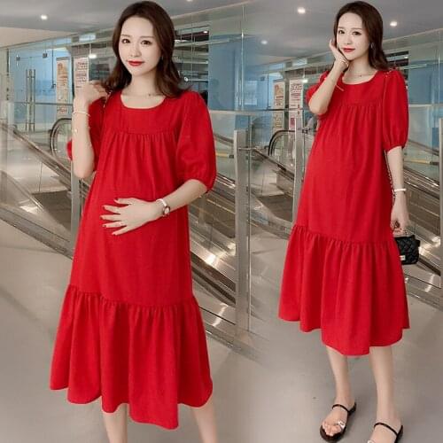 101# Maternity Clothes Summer Short Sleeve Cotton And Linen Loose Stylish Dress for Pregnant Women Pregnancy Clothes