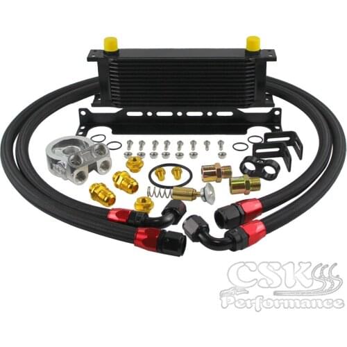 13 Row Engine Oil Cooler + Thermostat 80 Deg Oil Filter Adapter Kit Silver / Black