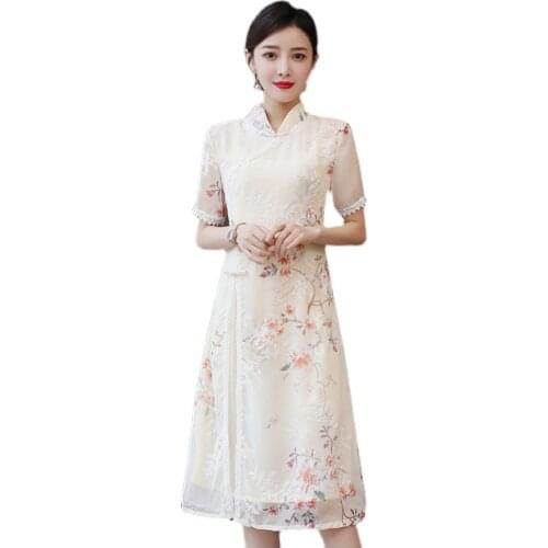 2021 chinese retro lace cheongsam stand-up collar double layer vietnam aodai dress elegant vintage floral wedding qipao dress