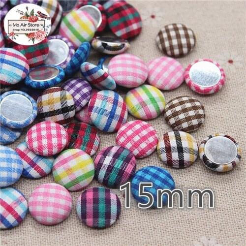 50pcs mix color Flatback grid Fabric Covered round Buttons Home Garden Crafts Cabochon Scrapbooking DIY 15mm