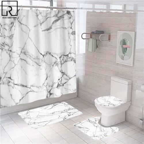 White Marble Shower Curtains with Hooks Modern Bathroom Decor Golden Marble Toilet Lid Cover Bath Mat Set Carpet WC Accessories