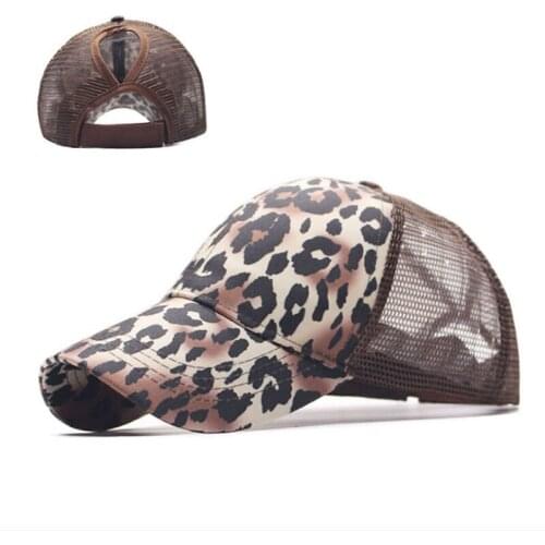 Leopard Ponytail Baseball Cap Women Messy Bun Baseball Hat Cotton Mesh Snapback Dad Hat