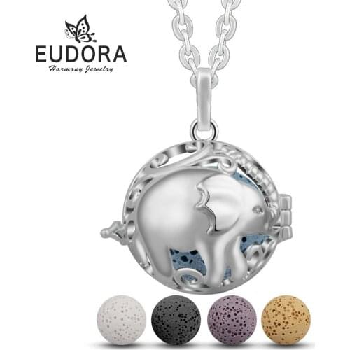 EUDORA 20mm Elephant Pendant Cage Necklace fit 20mm Volcanic Lava Stone Ball Sweater Chain Women Talisman Necklace Birthday Gift