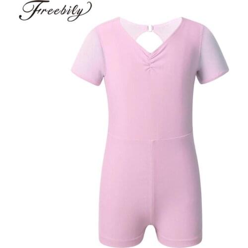Children Girls Gymnastics Leotard Short Sleeves Tulle Splice Pinched Front Cutouts Back Ballet Unitard Biketard Kids Dancewear