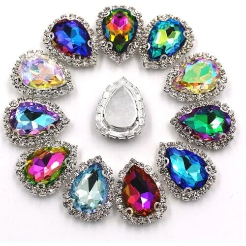 HFOUR Drop Shape Glass Crystal Ab Rhinestones Sliver Claw Setting With Cup Chain Sew On Patches/Applique For Clothing/Dress