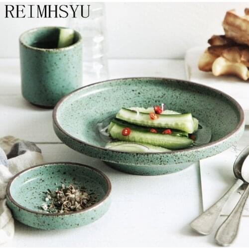 1PC RELMHSYU Japanese Retro Style Handmade Ceramic Steak Soup Dinner Plate Rice Bowl Tea Cup Home Restaurant Tableware