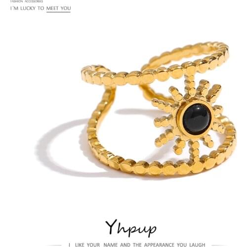 Yhpup Stainless Steel Sun Flower Ring Trendy Metal 18 K Plated Stone Opening Ring joyería acero inoxidable mujer Party Gift