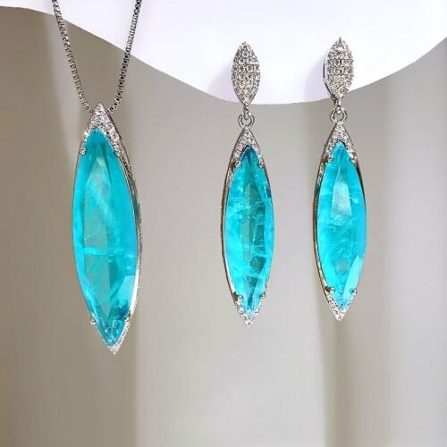Luxury Womens Jewelry Sets Paraiba Square Cut 8*27MM Earrings 10*35MM Necklace Anniversary Fashion