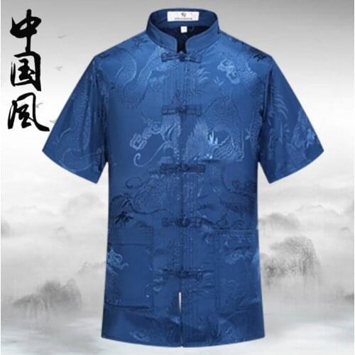 Summer elderly tang suits mens short-sleeve suit silk chinese style national clothing plate buttons stand collar terno masculino