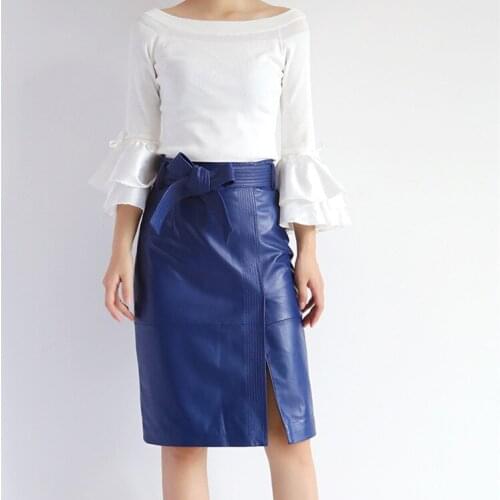 Top brand Autumn Spring and women genuine leather skirt high waist with Bow high quality